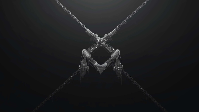 tied up, modelisation, strength, art and craft, pattern, hanging, chain, silver colored, focus on foreground, black background, close-up, c4d, black color