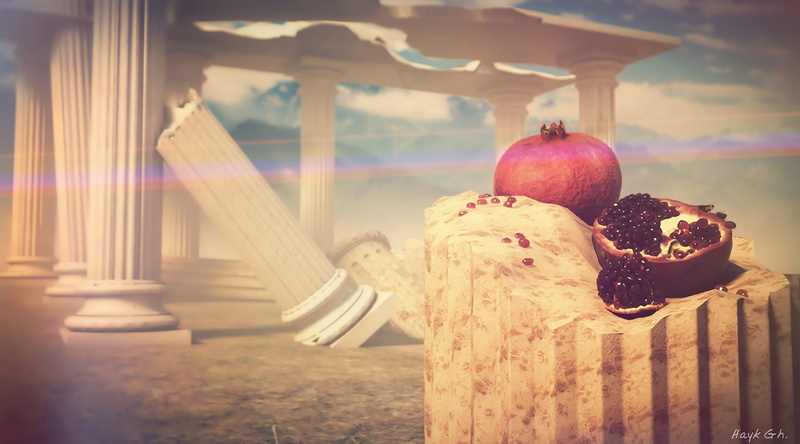 day, 3dmax, pomegranate, still life, architectural column, colorsdof, close-up, indoors, red, soul, stone, Artistic, sky, healthy eating, mountains, no people