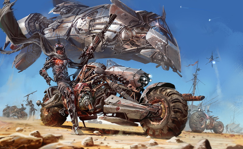 Fantasy, Desert bike revel camp, Ignacio Bazan-Lazcano, Biker, by Ignacio Bazan-Lazcano, 2K, Jet, Fiction, Art, Desert, Desert bike revel, Motorcycle