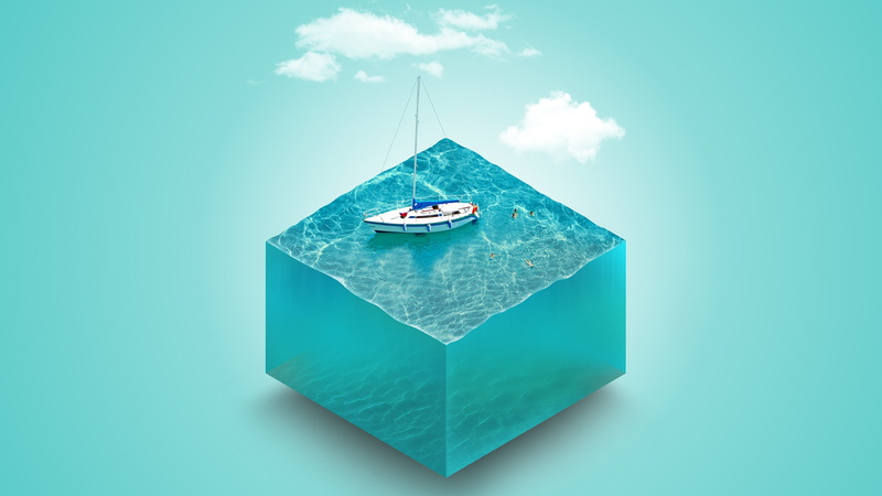 boat, digital art, 3d Object, Yachts, water, Simple Background, 2K, cube
