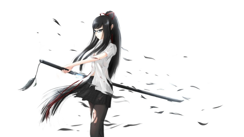 anime, 1080P, holding, shirt, sword, female, woman, black, 1920x1080, character, schoolgirl, skirt, katana, white, dress