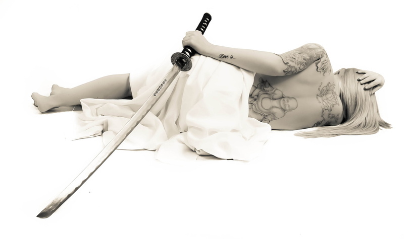human representation, cut out, copy space, young adult, clothing, females, full length, sword, young women, girl, hair, 1080P, lying down, katana, black