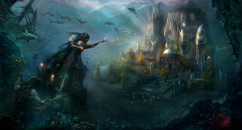Poseidon, Trident, 5K, art, underwater world, fish, the city, jellyfish