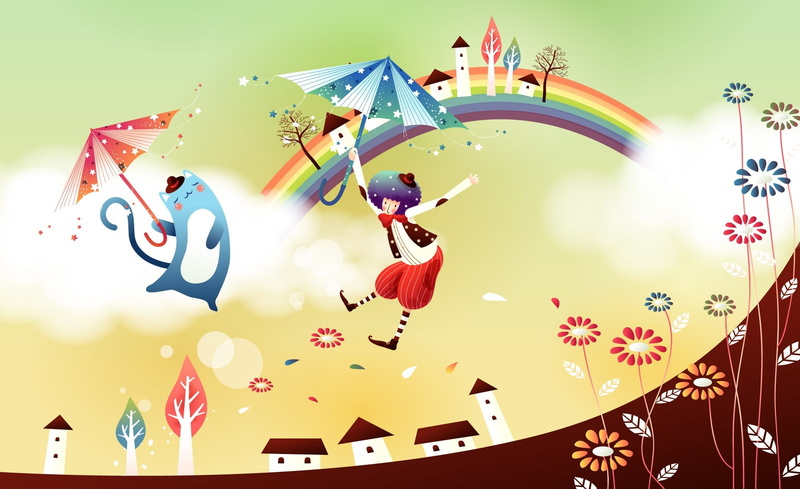 Rainbow, multicolored, 1080P, day, castle, holding, leisure activity, flying, group of people, enjoyment, Vector Art, childhood fairytales, Aero, representation