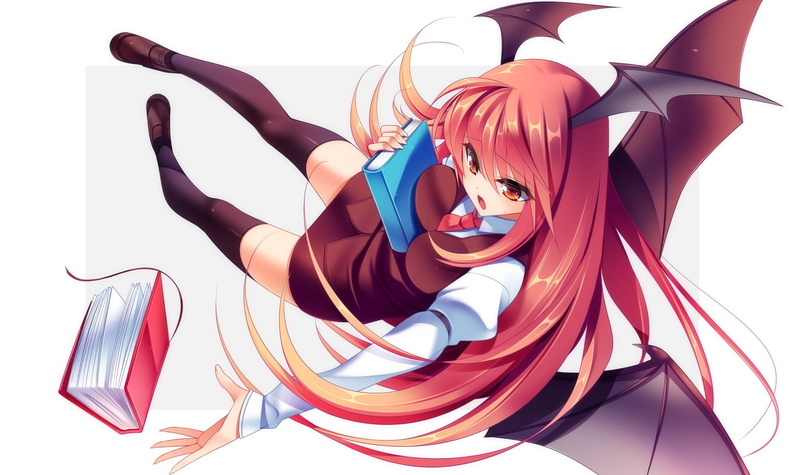 school, falling, devi, art, games, skirts, long, Video Games, 1080P, hd, Touhou, redheads, tie, uniforms, schoolgirls, video, hair, wings