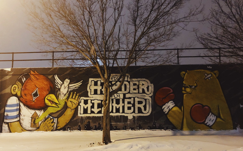 nature, advertisement, creativity, produce, communication, painting, snow, shipping container, day, text, food, wall, 2K, person, chicago, human representation