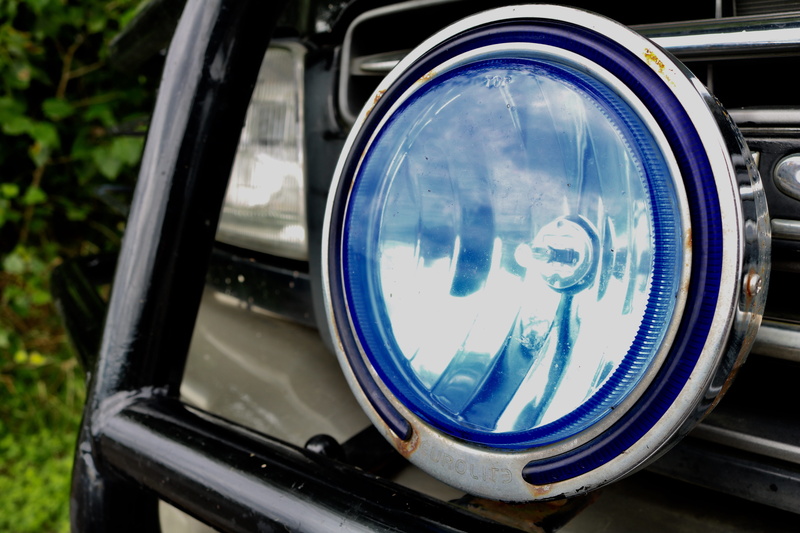 reflection, lamp, 5K, light, spotlight, motor vehicle, rarity, glass - material, blue, day, car light, metal, tire, oldtimer, lights, focus on foreground
