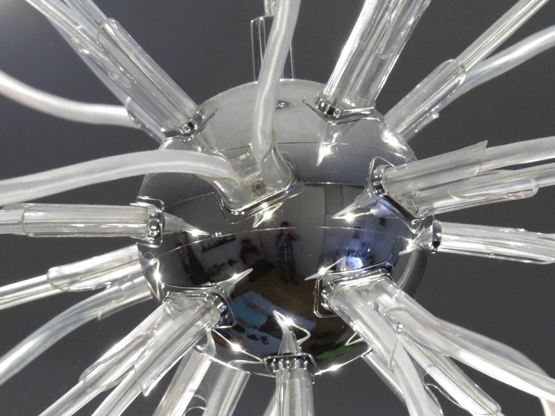 close-up, studio shot, full frame, led lamp, technology, lighting, chrome, modern, silver colored, pattern, diodes, plastic hoses, arrangement, man made object