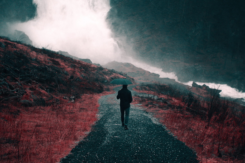 trail, red, nick scheerbart, man, adult, full length, men, nature, grass, rock, river, outdoors, time, cloud, scenics - nature, rain, cold, motion, waling