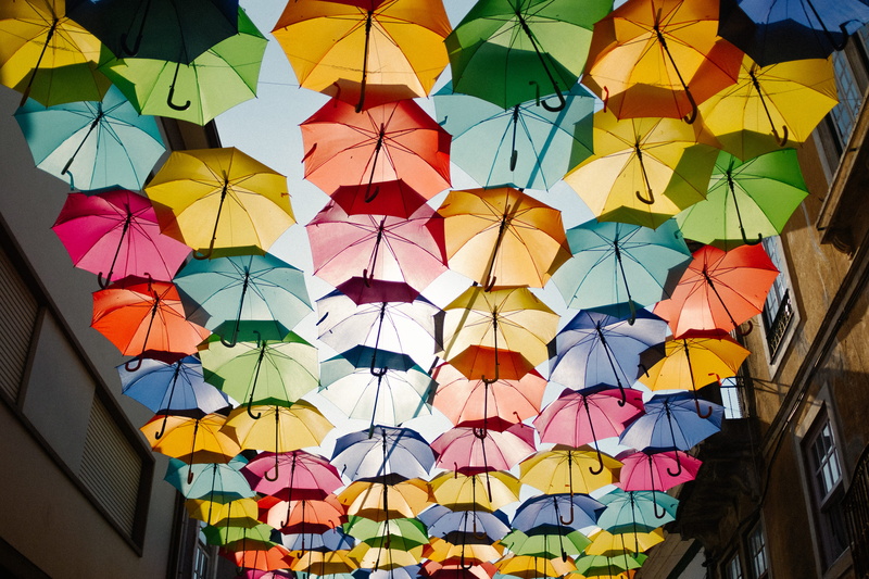 portugal, aveiro, pattern, protected, weather, texture, umbrella, bright, blue, suspended, single Object, assorted, portuguese city, yellow, rain, covering