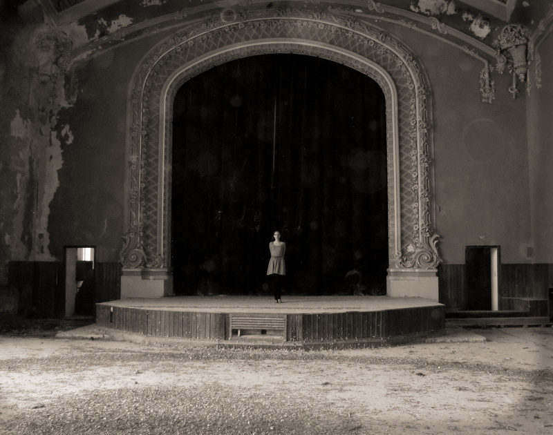 contemplation, day, women, lifestyles, estrada, outdoors, performance, spook, sepia, abandoned theater, girl, 2K, building exterior, one person, curtain