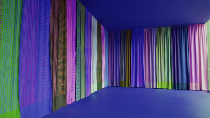 indoors, decorative, large group of objects, arcade, no people, stage design, curtains, pattern, stripes, illuminated, built structure, curtain, textile