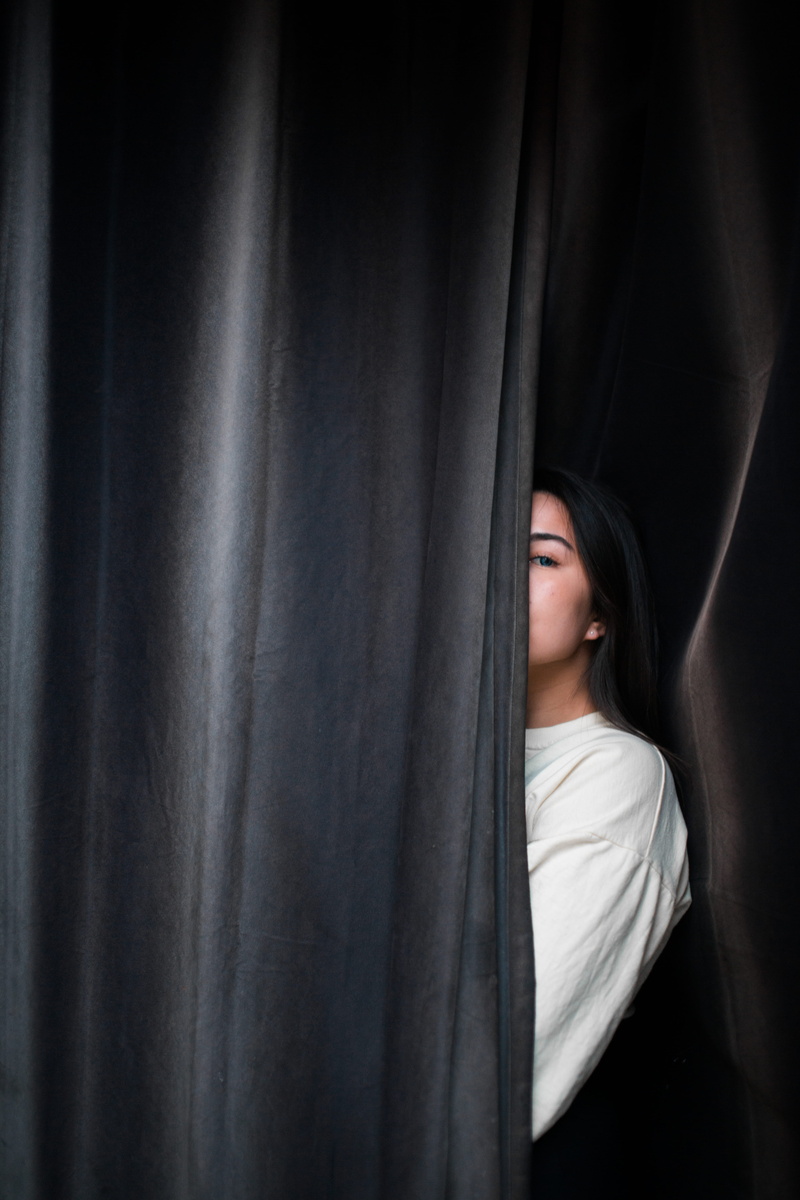 one person, mystery, dark, anticipation, hiding, indoors, adult, hairstyle, beautiful woman, artistic, emotion, women, woman, behind, 5K, solitude, asian