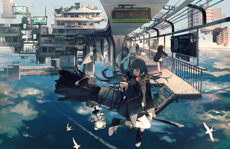 anime fantasy world, broom, birds, anime girls, reverse city, sky, Anime, witchs, 2K
