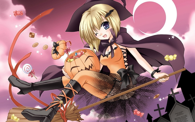 minase, halloween, broom, girl, lin, art, 1080P, witch