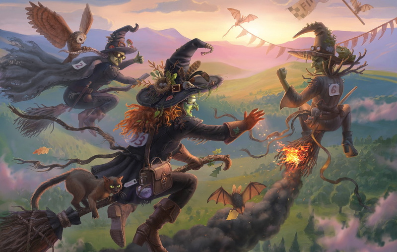 competition, owl, flight, race, 1080P, art, cat, Witch race, witch, Nelly Amosova, childrens, broom