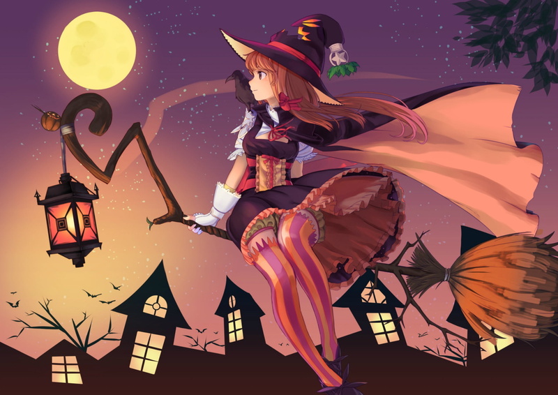 striped stockings, 1080P, broom, the full moon, Emuki, bats, red-haired beast, witch, halloweeen, lantern, night, Raven, black magic, art, witch hat
