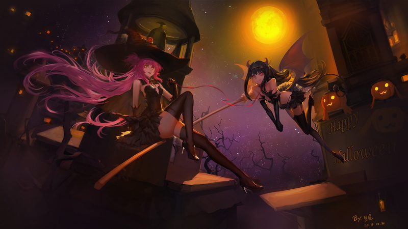 witch, mahou shoujo madoka magica, magic, bell, smile, night, 1080P, holiday, the demon, girls, blackrabbitsoul, art, homura akemi, madoka kaname, wings