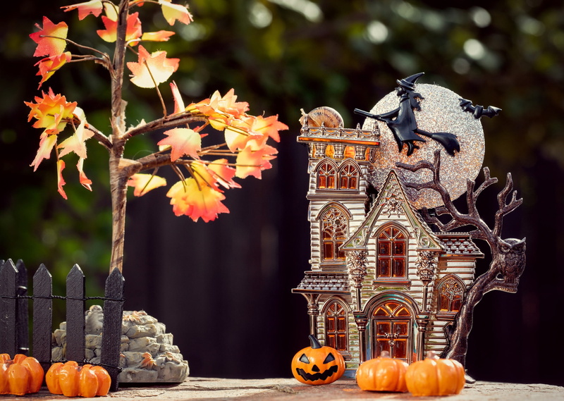 the moon, pumpkin, yard, stones, owl, bokeh, leaves, witch, holiday, mansion, 31 Oct, the dark background, house, 1080P, bat, flight, balcony, autumn