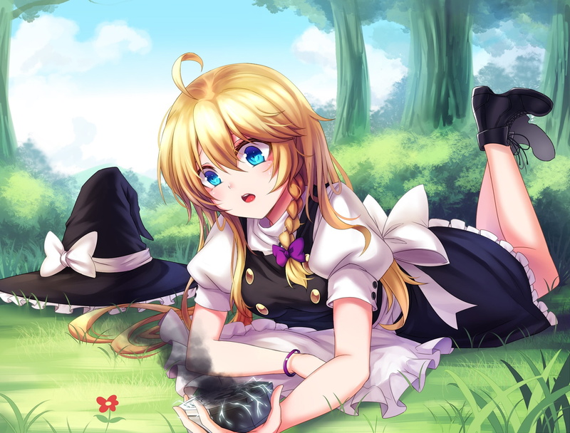 long hair, Kirisame Marisa, blonde, anime girls, anime, forest, 1080P, legs, Touhou, blue eyes, witch, heels, grass