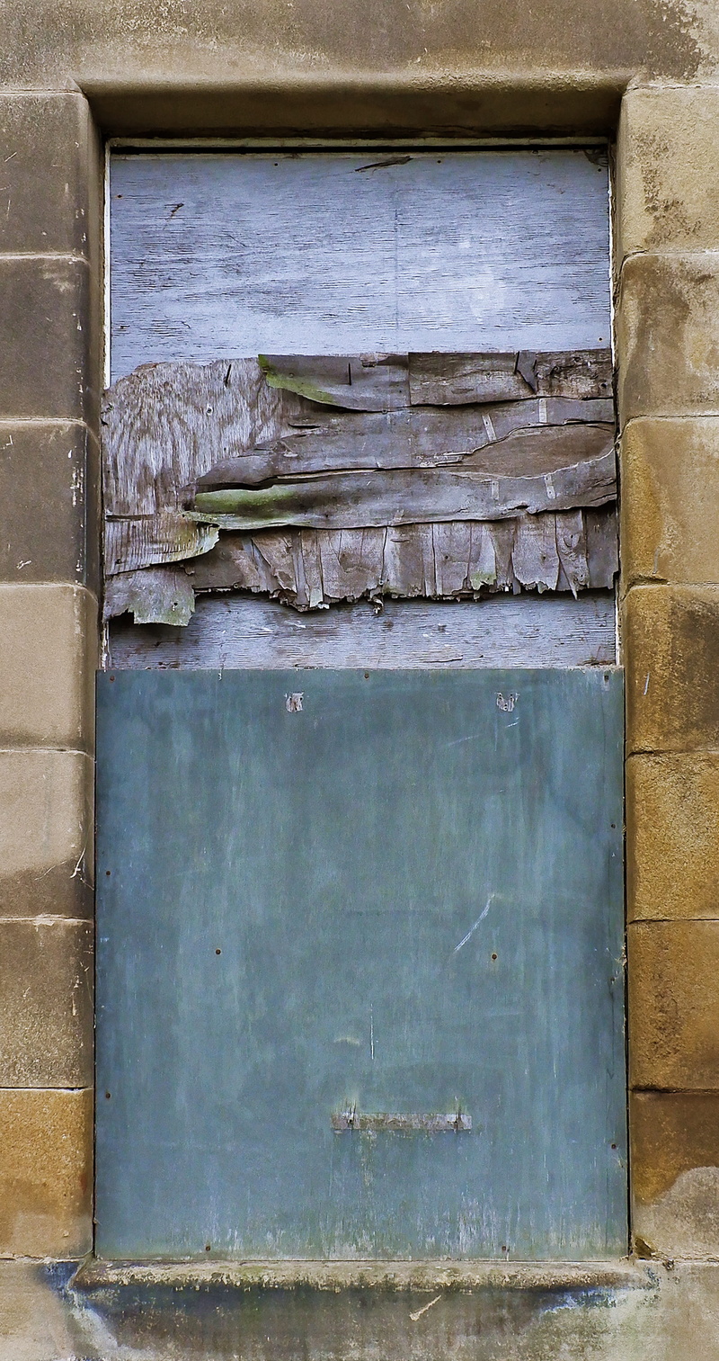 metal, clothing, building, sidewalk, wood, old, pants, slate, entrance, close-up, coat, day, plywood, weathered, wall, deterioration, run-down, bunker