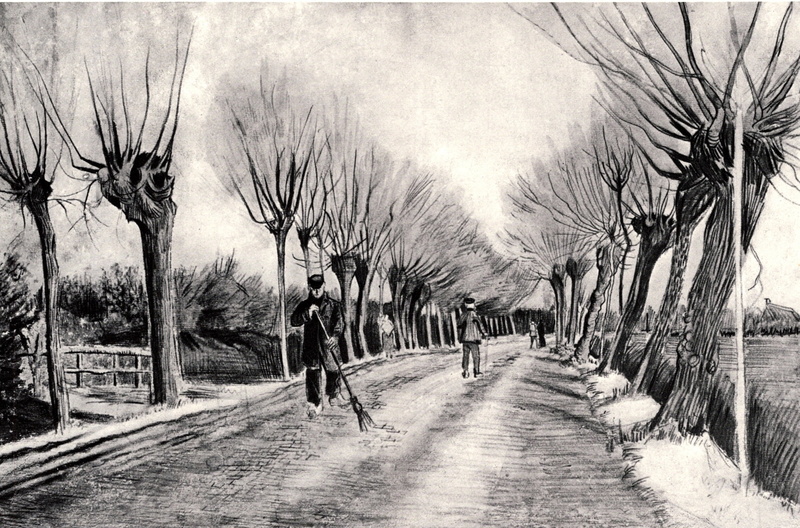 a man with a broom, Pollard Willows, and Man with Broom, black and white, 1080P, Vincent van Gogh, Road with