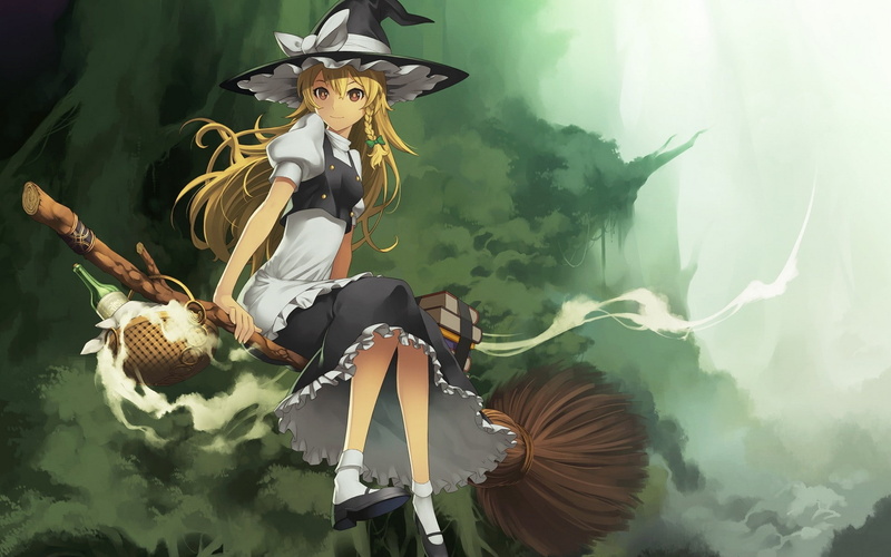 blondes, yellow, dress, eyes, long, nature, hair, Green, video, flying, hd, brooms, books, art, games, mar, touhou, kirisame, 1080P