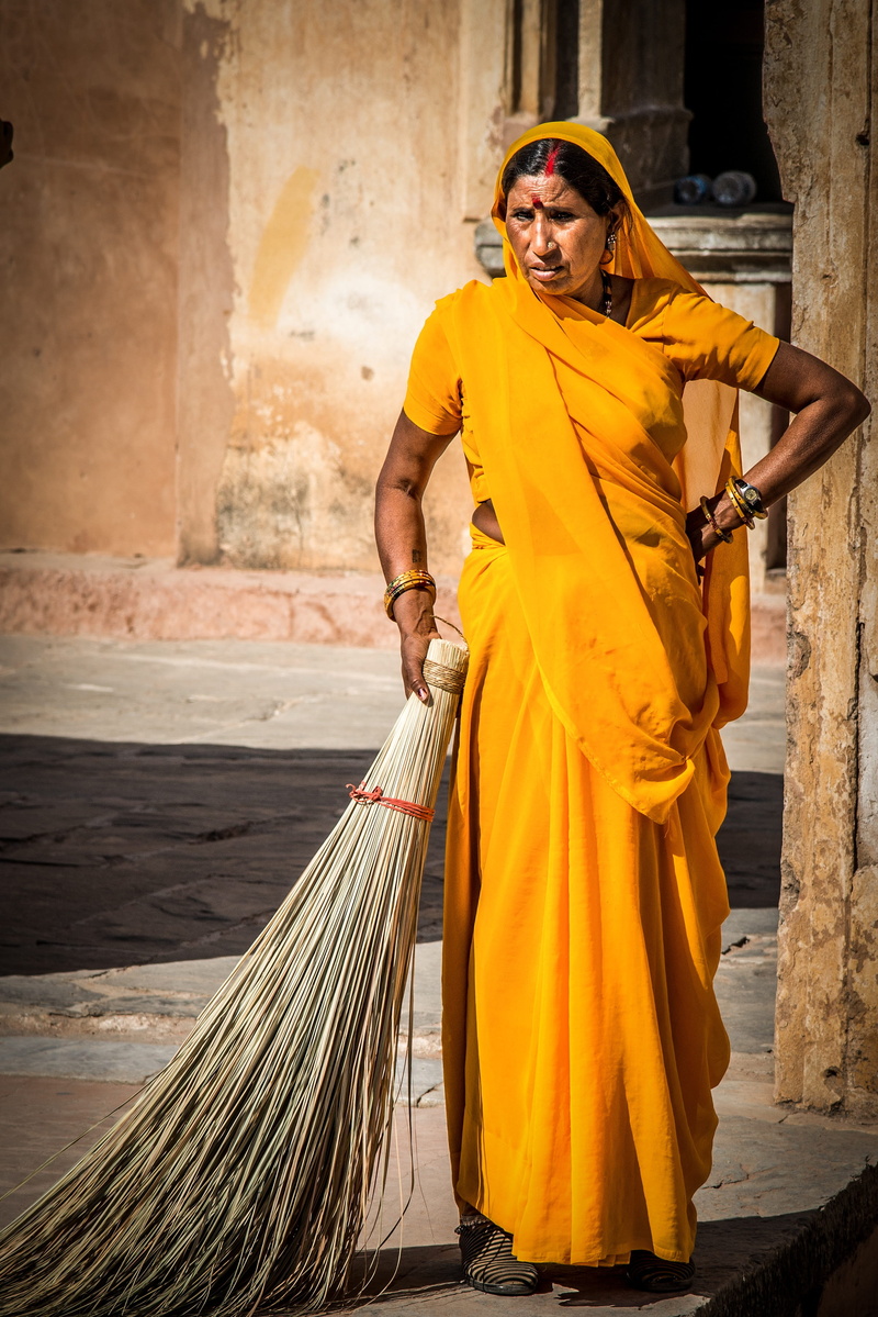 smiling, holding, adult, woman, yellow, india, standing, dress, clothes, city, 4K, broom, portrait, clothing, looking at camera, indian, human, full length