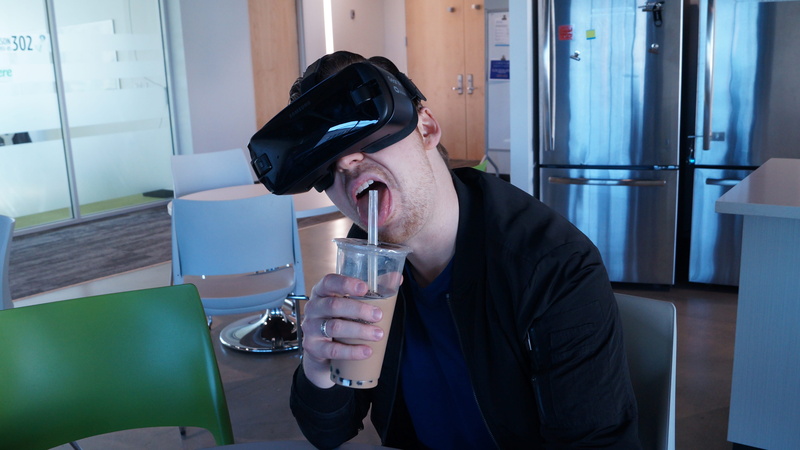 experience, refreshment, boba tea, hmd, young adult, household equipment, 4K, glass, leisure activity, mouth open, innovation, goggles, holding, drink