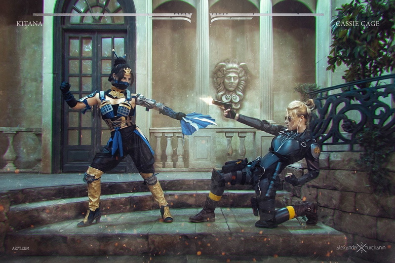 male likeness, human representation, architecture, lifestyles, building exterior, motion, Cosplay, outdoors, Women, two people, history, Mortal Kombat X