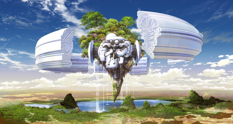 weightlessness, silver colored, land, water, 2K, green, lighting equipment, space, asia, cloud - Sky, art and craft, computer Graphic, built structure