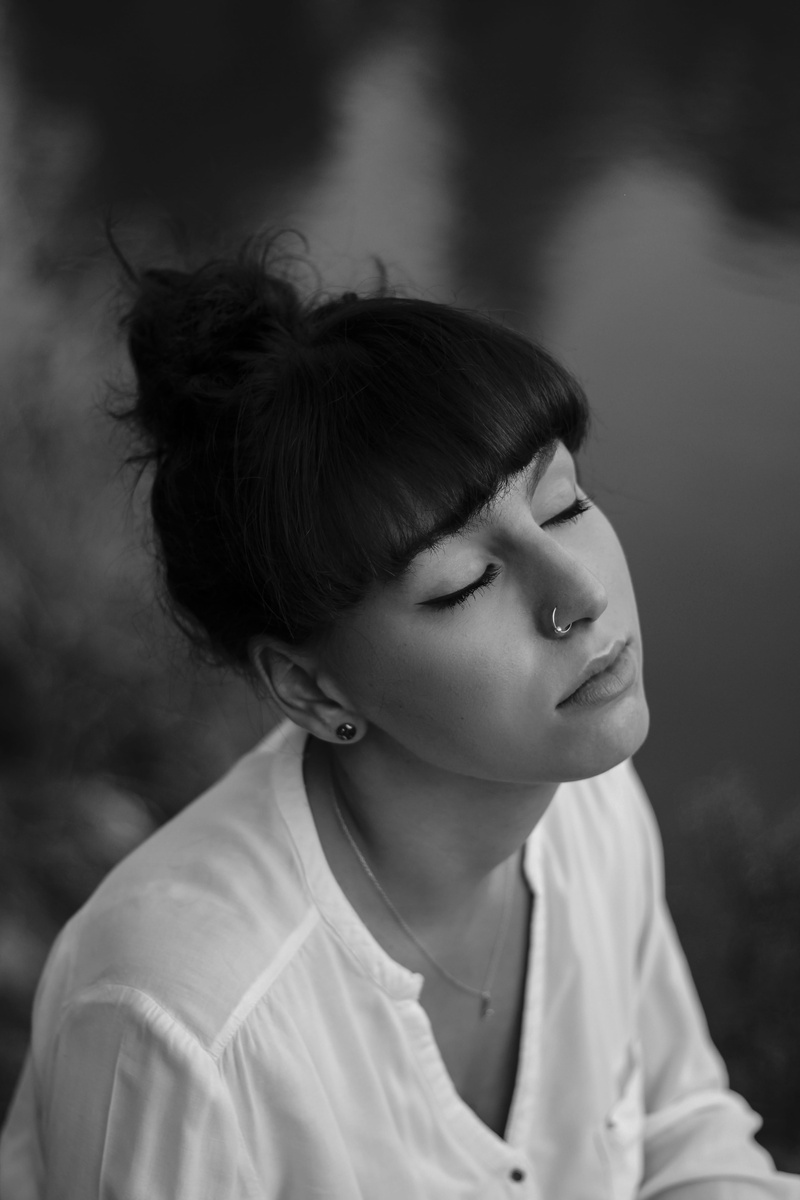 women, focus on foreground, girls, contemplation, hairstyle, wearing, front view, grayscale, looking, portrait, real people, casual clothing, innocence