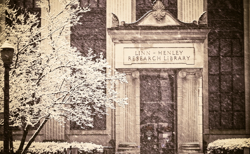 information, no people, henley, sign, Winter, Tree, nature, Snowing, Snowy, text, western script, building exterior, research, Library, Linn-Henley Research Library
