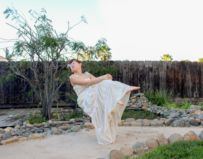 wear, white, leisure activity, levitation, clothing, full length, dress, one person, photoshop, side view, summer, landscape, strap, floating, edited, grass