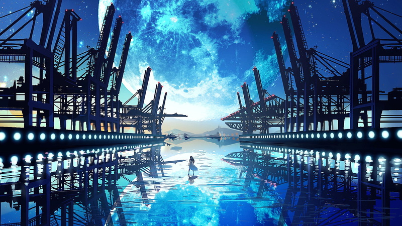 ports, 1080P, anime, art, digital, girl, water, reflection