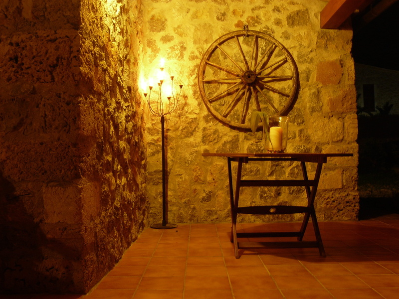 terrace, holiday, night, lamp, indoors, wheel, stones, clock, illuminated, seat, house by the sea, romantic, cozy, mallorca, absence, evening, built structure