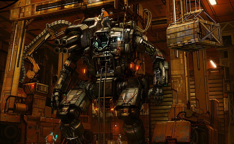 technology, industrial equipment, built structure, equipment, futuristic, artwork, complexity, 2K, Battletech, no people, low angle view, BattleMech, indoors