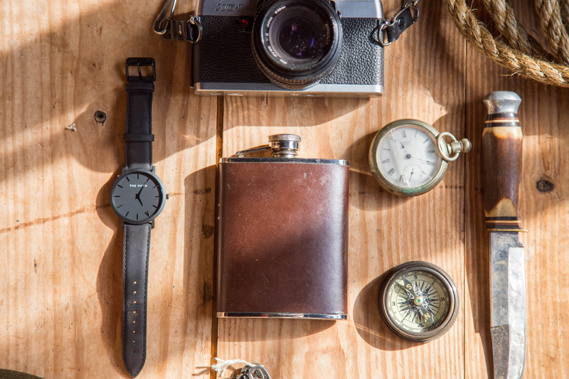 stylish, wrist watch, time, knife, model, indoors, still life, flask, choice, retro styled, rope, leather, essentials, outback, antique, old compass, pocket watch
