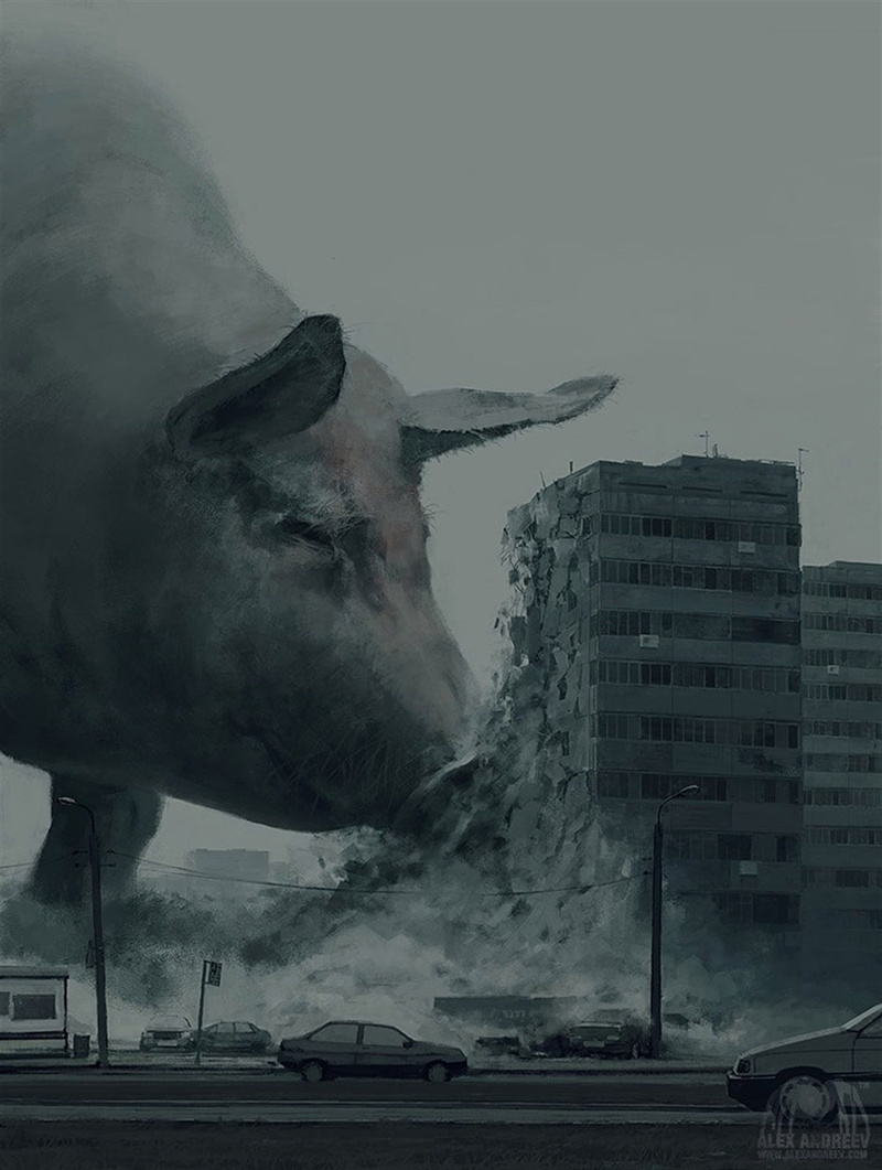 dog, mammal, 720P, city, artwork, Alexey Andreev, architecture, building exterior, cloud - sky, sky, fog, animal, animal themes, car, no people, short
