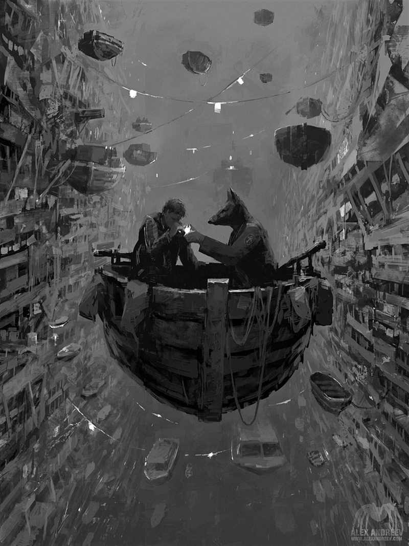 wooden, indoors, surreal, waterfront, built structure, large group of objects, nautical vessel, 720P, grayscale, container, reflection, occupation, artwork