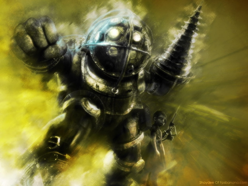 480P, bouncer, big, bioshock, games, Yellow, daddy, little sister, art, hd, video, big daddy