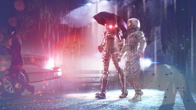 Big Sister, umbrella, light, walk, the suit, asphalt, rain, the evening, astronaut, 2K