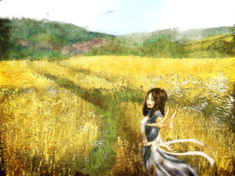 outdoors, yellow, growth, lifestyles, plant, leisure activity, casual clothing, young women, one person, 1080P, landscape, drawing, day, grass, American McGees Alice