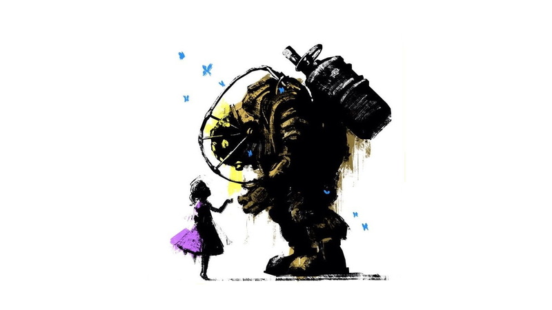 bouncer big daddy bioshock little sister, no people, animal, black color, flower, white background, 720P, pattern, indoors, creativity, purple, cut out