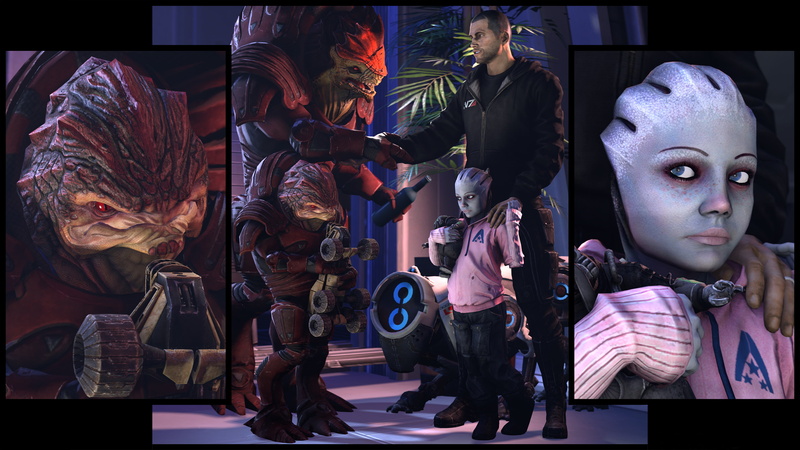 shepard, asari, fan art, mass effect, children, urdnot wrex, krogan, 2K