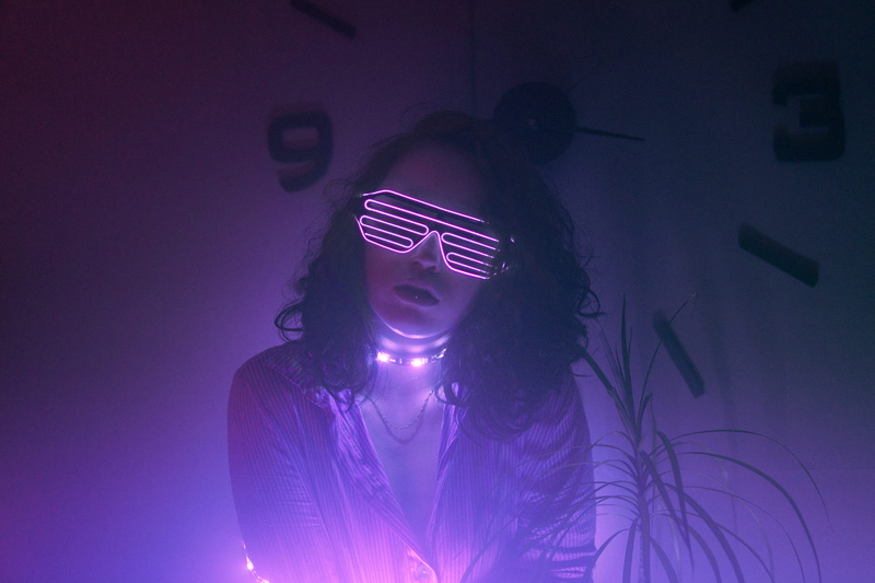 sunglasses, nightlife, flare, headshot, led, illuminated, dreamcolor, adult, person, young adult, accessory, 2049, one person, women, human, music, colors