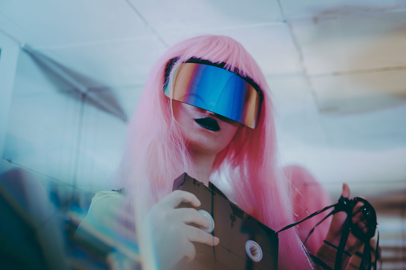 beautiful woman, dyed hair, young women, holding, futuristic, indoors, mirror, adult, pink, lifestyles, leisure activity, reflection, young adult, 5K