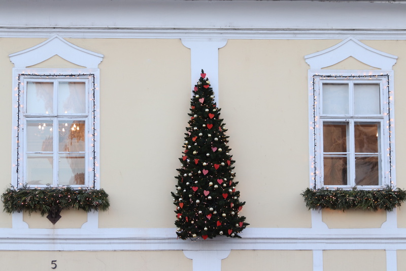 building front, holiday, 5K, tree topper, window, style, tree, christmas decoration, christmas tree, facade, outdoors, built structure, celebration event