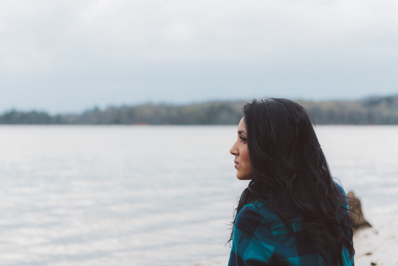 body, shallow, brown Hair, lake, side view, profile view, ethnicity, portrait, natural Phenomenon, adults Only, sky, female, hairstyle, day, one Woman Only