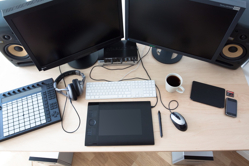 computer monitor, company, mouse, calibrated, cable, workplace, two, wood - material, monitor, computer, high angle view, desk, digital pen, computer equipment